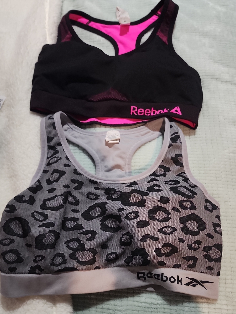 Reebok Black Sports Bra with Hot Pink Accents + Gray Leopard Reebok Sports Bra